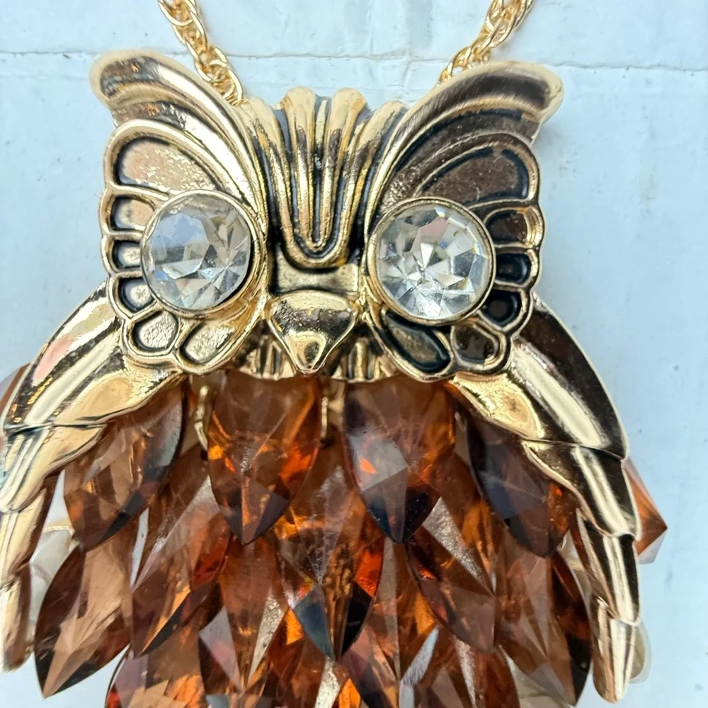 Vintage‎ Napier Necklace Gold Tone Articulated Owl New Amber Stones Large 32”
